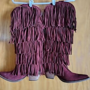 Fringe Suede Boots - Burgundy